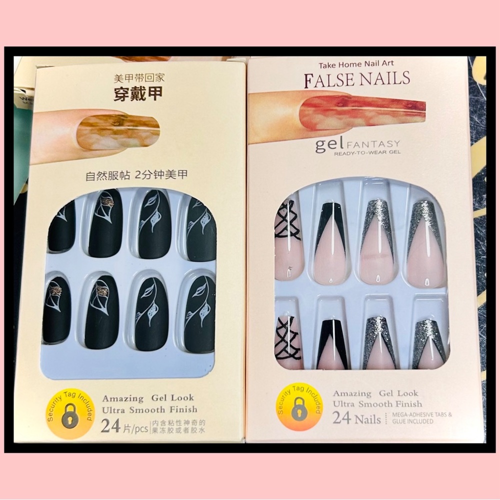 Set Of Two Mix & Match Acrylic Press On Nails w/Jelly Stickers BOX SET 24pcs ea.